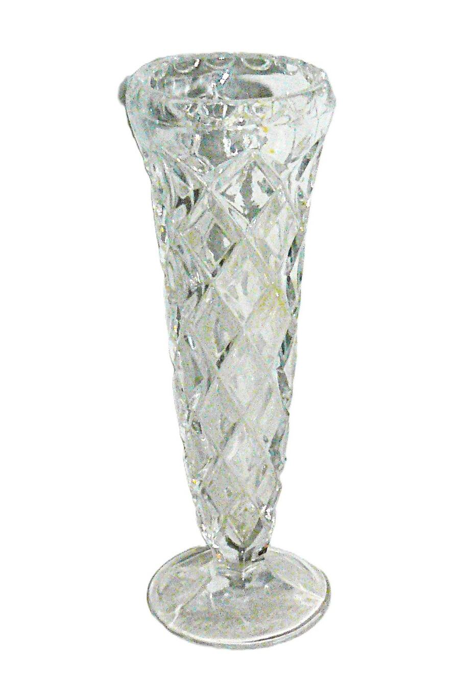 Vtg Clear Pressed Glass Trumpet Bud Vase Diamond Pattern Scallop Rim Round Foot